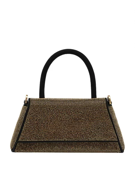 Кожена ръчна чанта с декоративни камъни - Златист/Черен