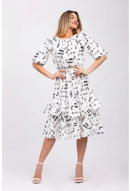 Миди рокля с бухнали ръкави - Бял/Черен