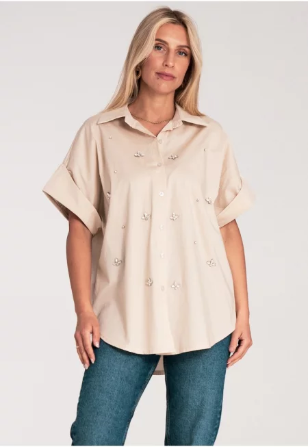 Оувърсайз риза  бежова - с декоративни апликации - памук - къс ръкав - SM
