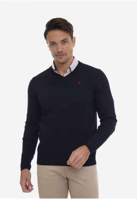 Памучен пуловер с шпиц - Тъмносин