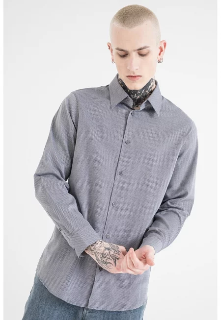 Памучна риза с класическа яка - Ултрамарин синьо/Мръснобял