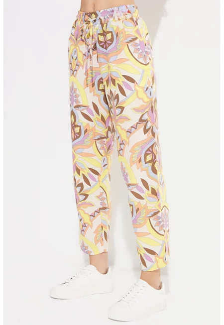 Панталон с лен - Светло жълто/Лилав