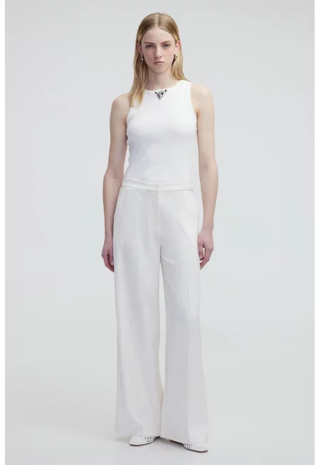 Панталон с широк крачол и висока талия - Бял