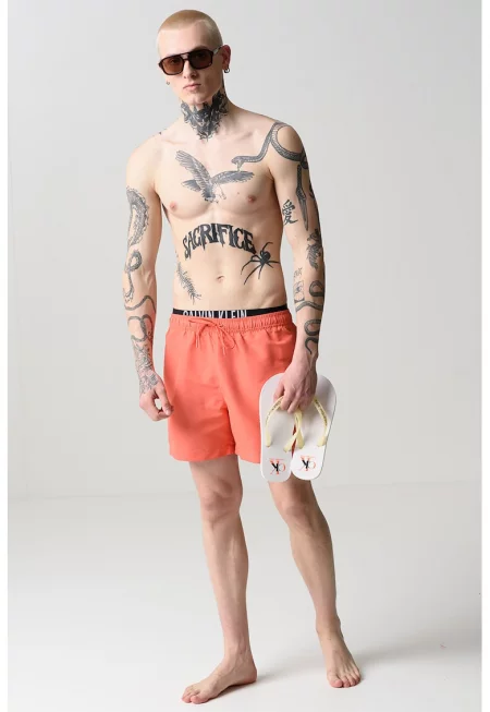 Плувни шорти с връзка и лого - Яркорозово