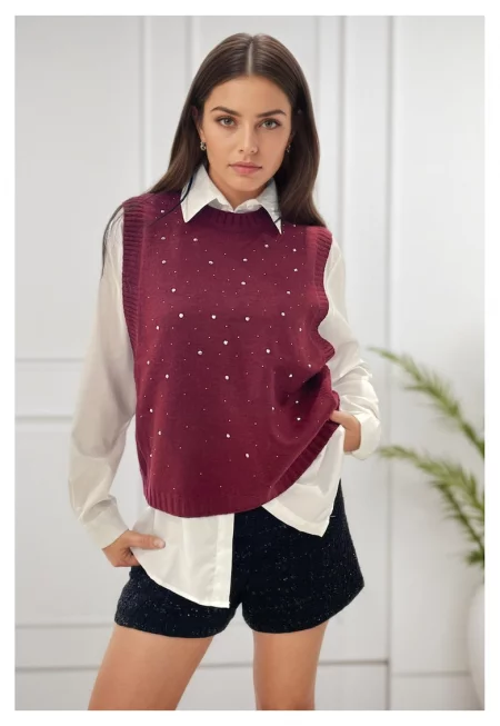 Пуловер бордо без ръкави със страз A-9015 M9 18189