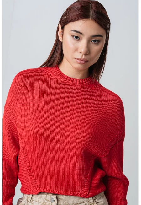 Пуловер с паднали ръкави - Аленочервен