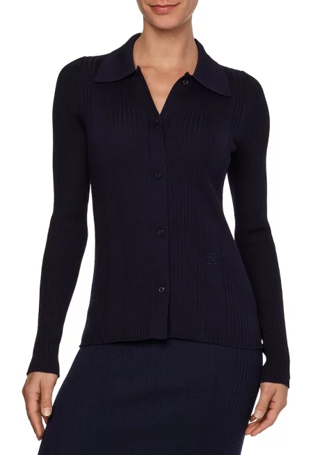 Пуловер с яка с вълна и лиосел - Тъмносин