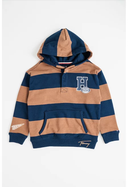 Раирано худи с джоб кенгуру - Кафяв/Тъмносин