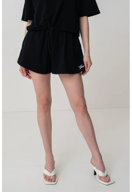 Разкроен къс панталон с връзка - Черен