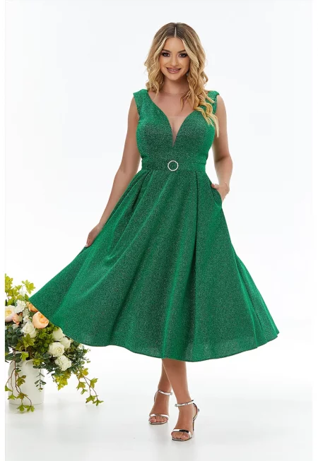 Разкроена бляскава рокля с изрязано деколте - Зелен