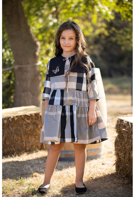 Разкроена рокля на каре - Черен/Светло сив/Бежов