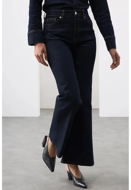 Разкроени дънки с висока талия - Тъмносин