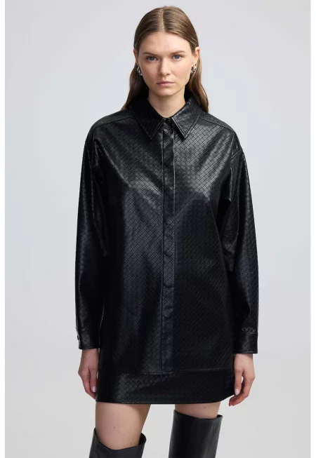 Риза от еко кожа с релеф - Черен