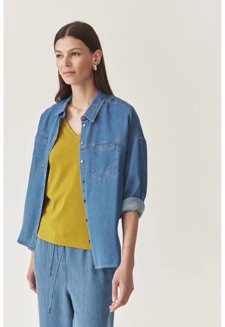 Риза от лиосел с дълги ръкави - Светлосин