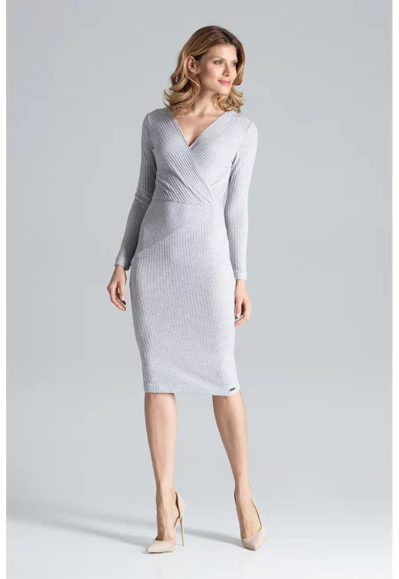Рокля  Миди - Дълъг ръкав - 65% вискоза - 30% полиестер - 5% еластан - Сив