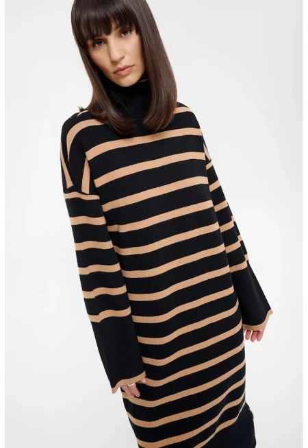 Рокля-пуловер с райе - Черен/Бежов