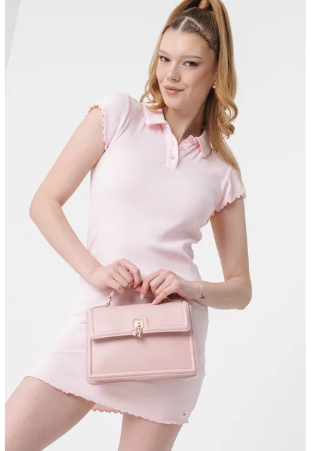 Рокля с яка и къдрав подгъв - Пастелнорозов