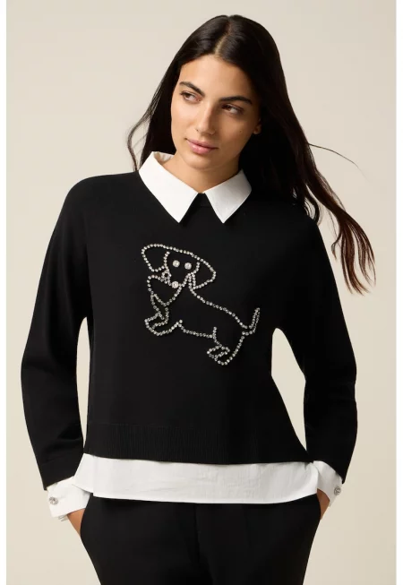 Стандартен пуловер с яка - Бял/Черен