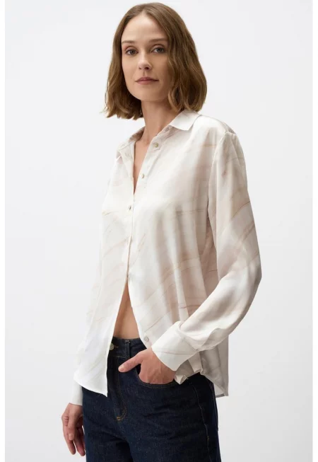 Стелеща се риза с дълги ръкави - Бял/Бежов