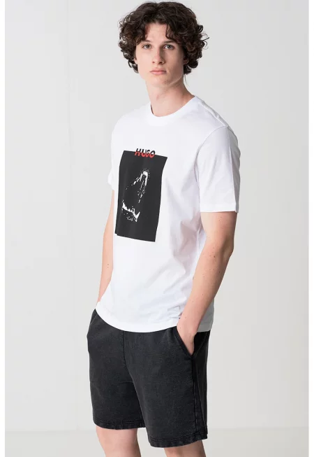 Тениска с овално деколте и лого - Бял/Корал/Избеляло черно