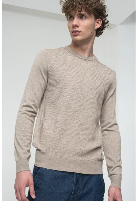 Втален пуловер с вълна - Кафяв меланж