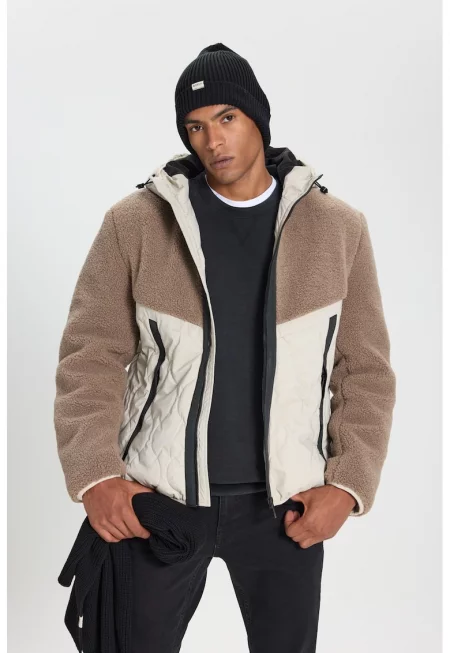 Зимно яке с качулка - Слонова кост/Сиво-кафяв