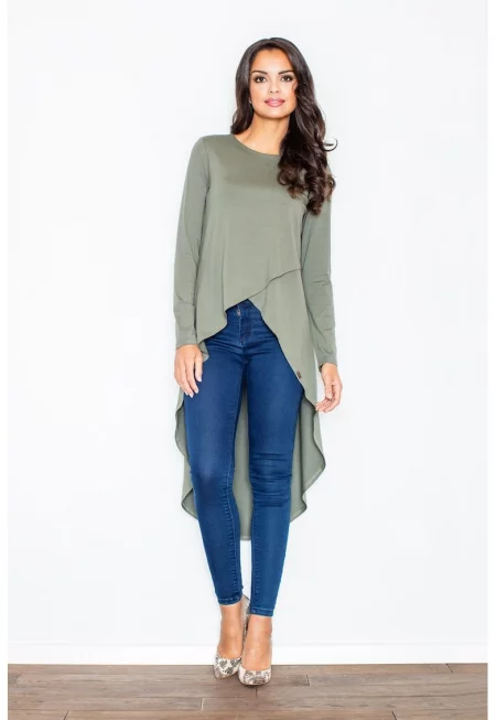Асиметрична дамска блуза -  Вискоза/Еластан - Маслинено зелено