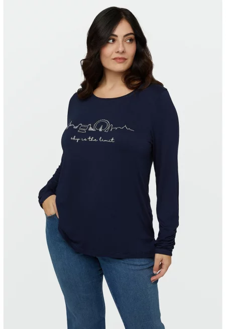 Блуза с принт с цепки встрани - Ултрамарин синьо/Мръснобял