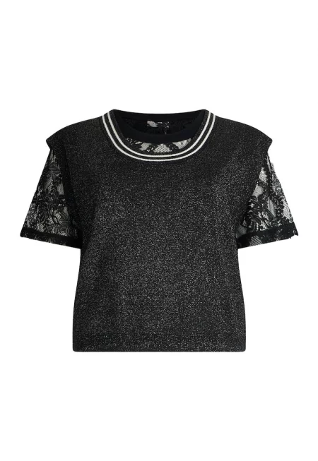 Бляскава тениска с дантела - Черен
