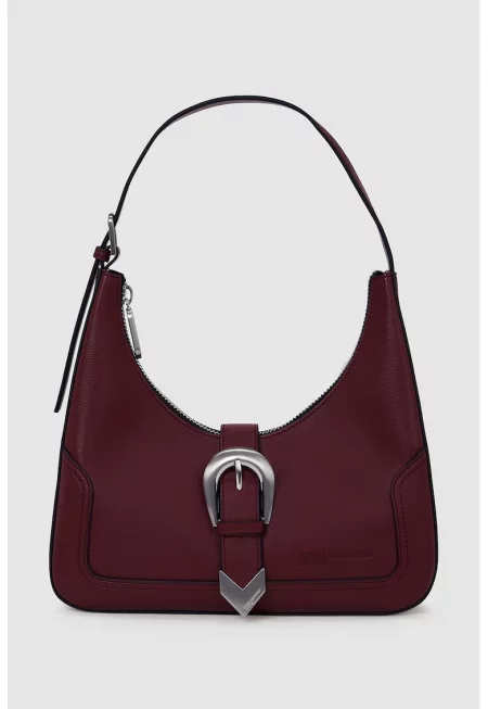 Чанта за рамо от еко кожа с декоративна тока - Бордо