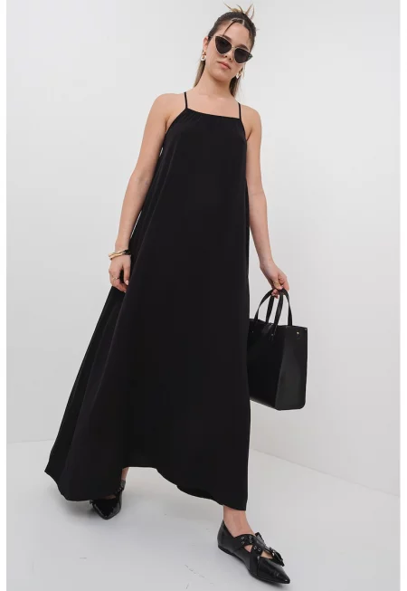 Дълга рокля с квадратно деколте - Черен