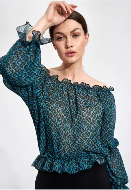 Дамска блуза -  Полиестер - С ластик - Зелено/Черно