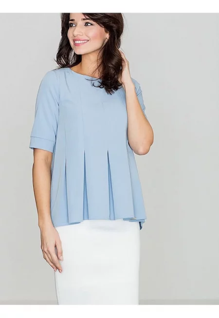 Дамска блуза  синя - полиестер - къс ръкав - обло деколте