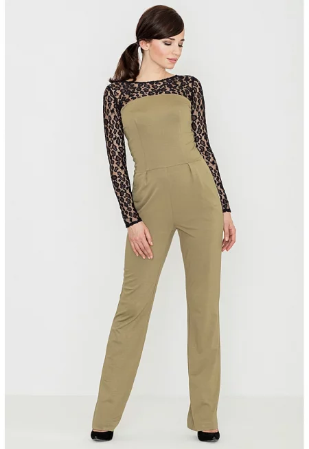 Дамски гащеризон -  дантела - дълъг ръкав - прав крачол - маслинено зелен - вискоза