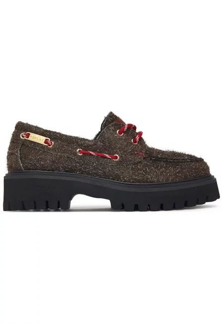 дамски обувки loafer от естествена кожа с дебела трак подметка и декоративни връзки - кафяви - Кафяв