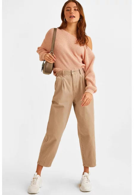 Дънки с висока талия - Бежов