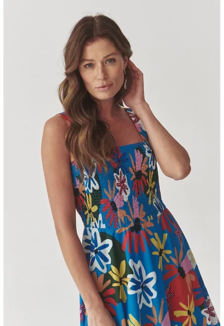 Флорална памучна рокля Markozia - Жълт/Тъмносин/Розово