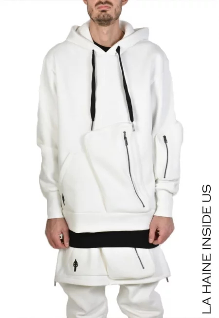 Извънгабаритен суитшърт с големи пришити джобове - Бял