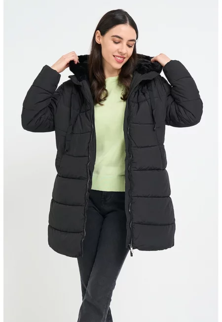 Капитонирано зимно яке с качулка - Черен