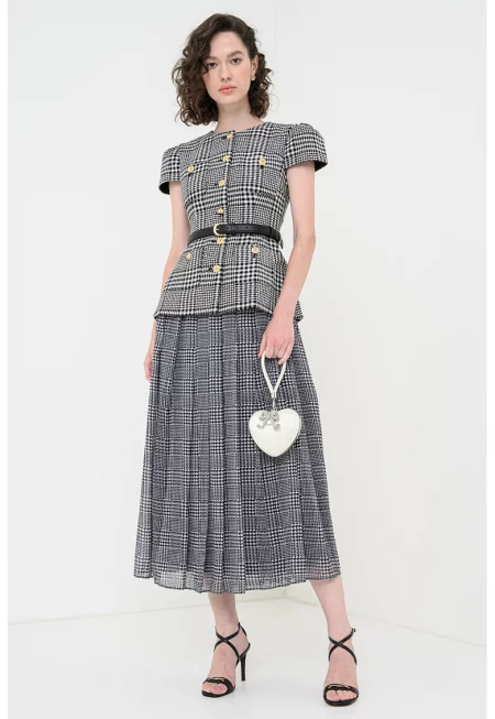 Карирана рокля с вълна с дизайн 2в1 и колан - Бял/Черен