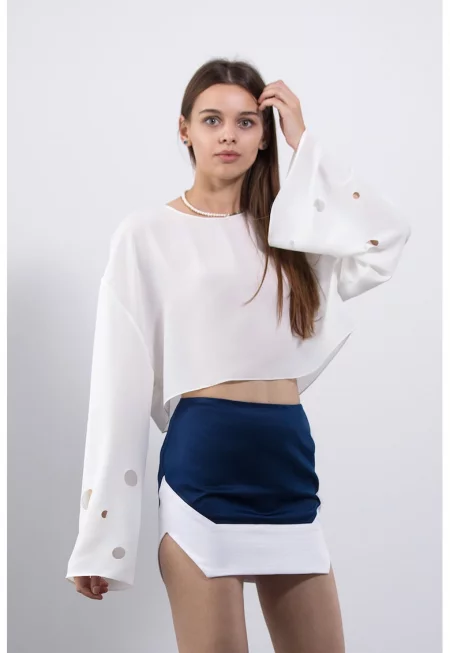 Къса пола със странични цепки - Бял/Индигово синьо