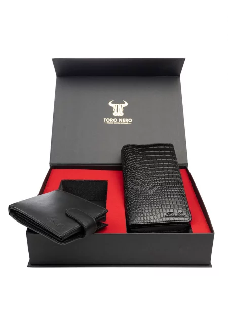 Комплект дамски портфейл и мъжки портфейл естествена кожа черен Gia-Viki