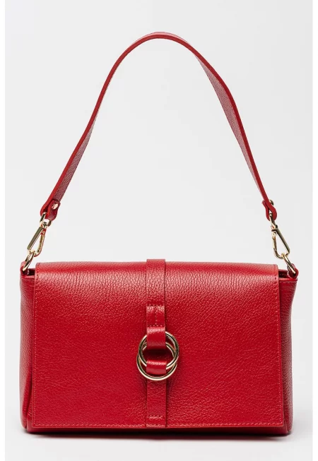 Кожена чанта за рамо с джоб с цип - Бордо