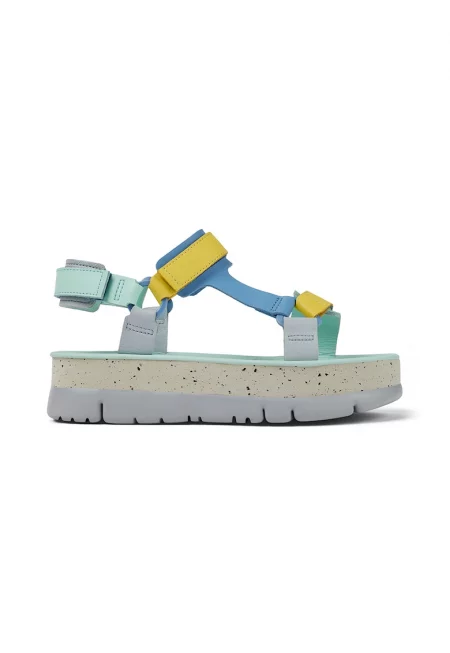 Кожени сандали Ortuga с велкро - Жълт/Син/Ментово зелено