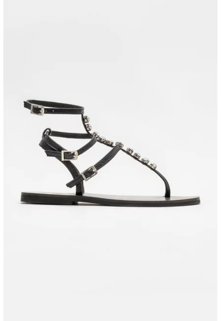 Кожени сандали с декоративни камъни - Черен