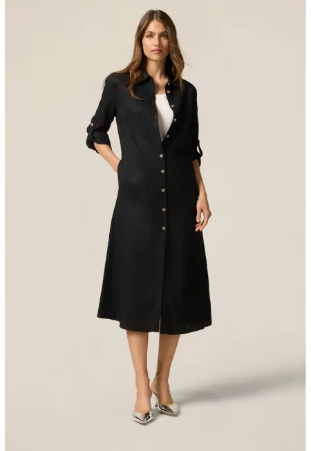 Ленена рокля-риза с дълги ръкави - Черен