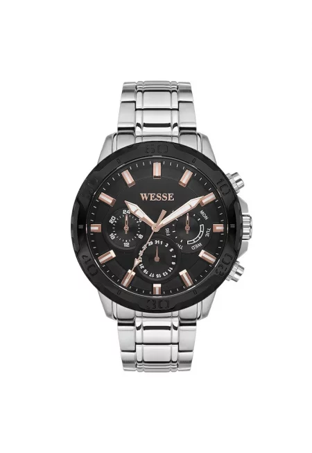 Мъжки часовник  стоманена каишка - черен циферблат - кварцов механизъм - водоустойчив 5 ATM - 46 мм - сребрист