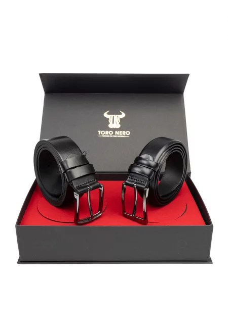 Мъжки комплект естествена кожа черен ежедневен+елегантен колан Basic-Smooth