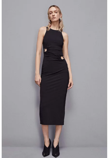 Миди рокля с метални детайли на талията - Черен