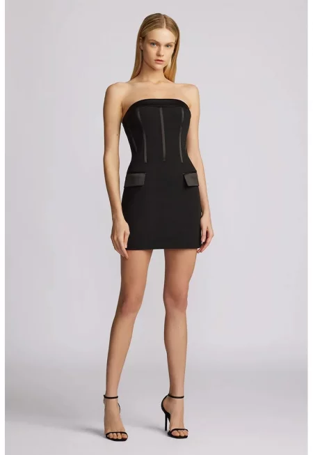 Мини рокля тип корсет с предни джобове - Черен